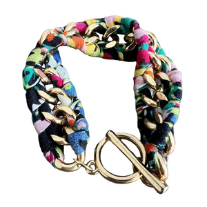 Vibrant multicolor patterned wrapped gold chain t clasp bracelet